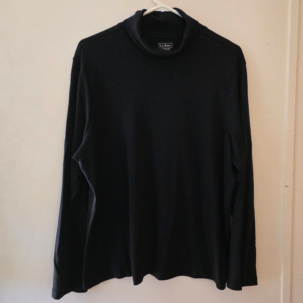 LL Bean Womens Mock Neck Top Plus Size 1X Black Supima Cotton Long Sleeve